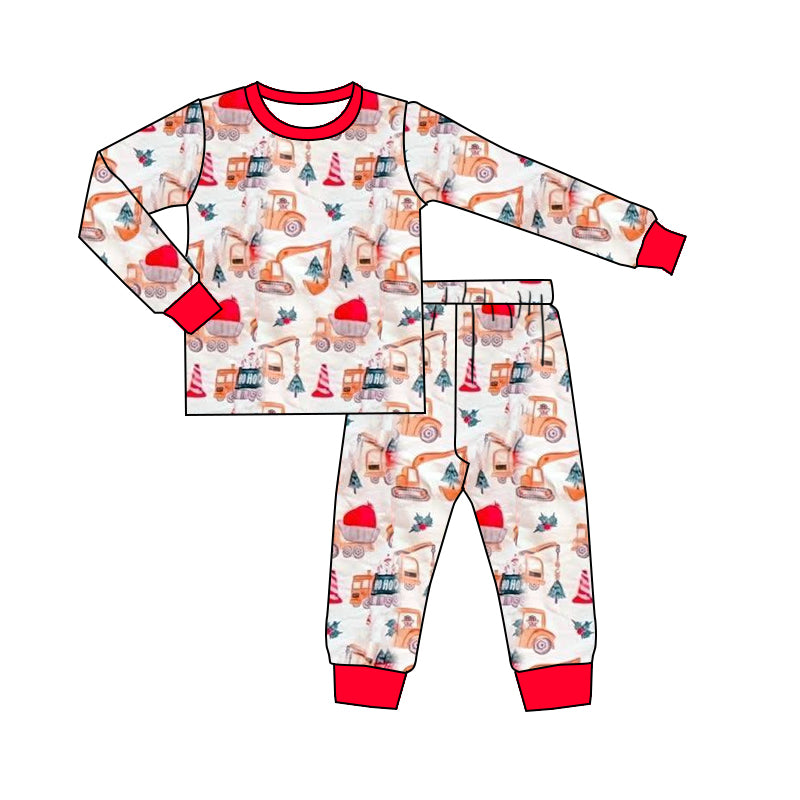 (Pre-order)BLP1253 Construction Trucks Tree Print Boys Christmas Pajamas Clothes Set