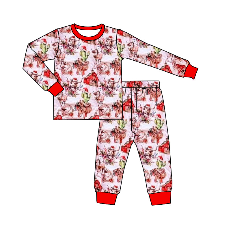 (Pre-order)BLP1255 Highland Cow Cactus Print Kids Christmas Pajamas Clothes Set