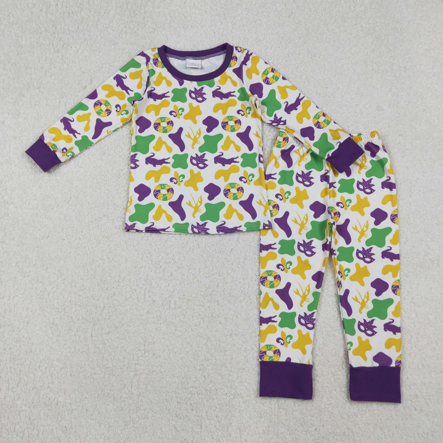 BLP1273 Crocodile Donut Camo Print Kids Mardi Gras Pajamas Clothes Set