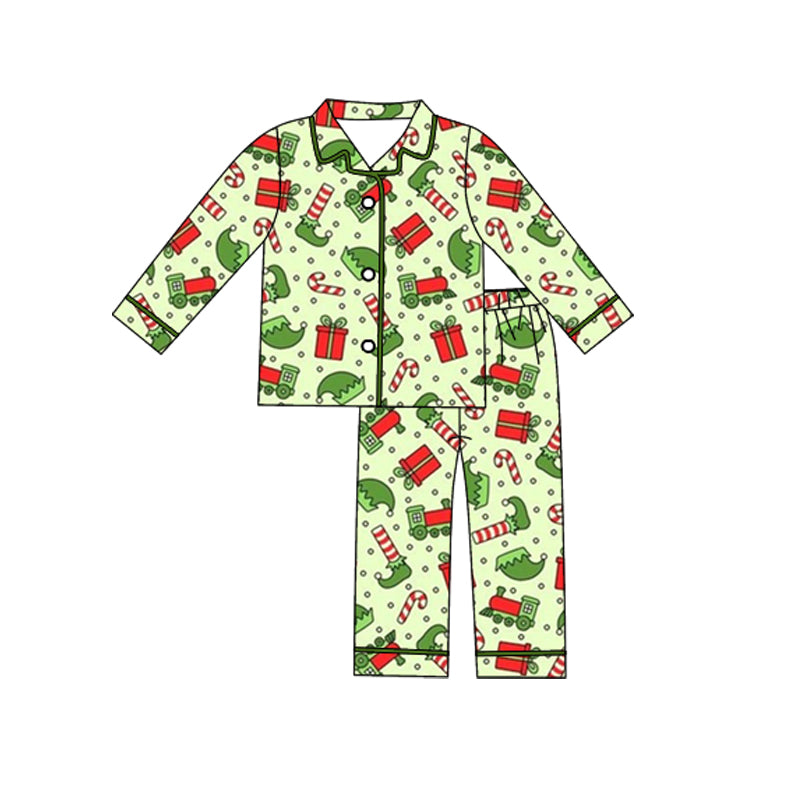 (Pre-order)BLP1285 Cartoon Shelf Candy Cane Green Print Boys Christmas Pajamas Clothes Set
