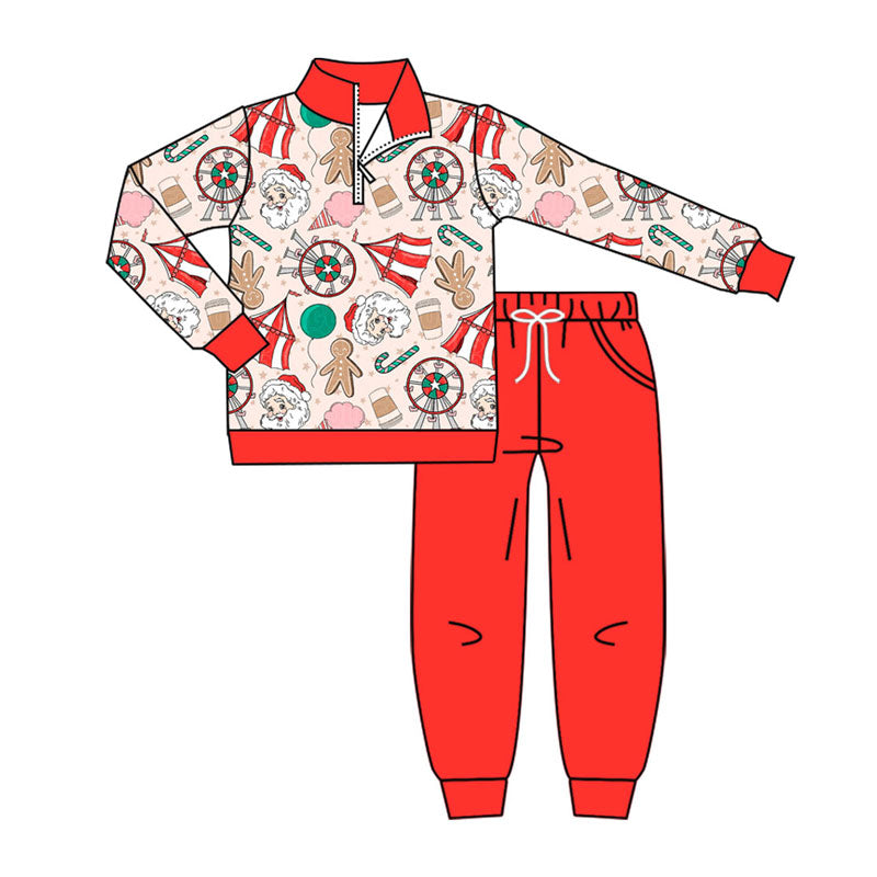 (Pre-order)BLP1287 Santa Gingerbread Zipper Pullover Top Red Pants Kids Christmas Clothes Set