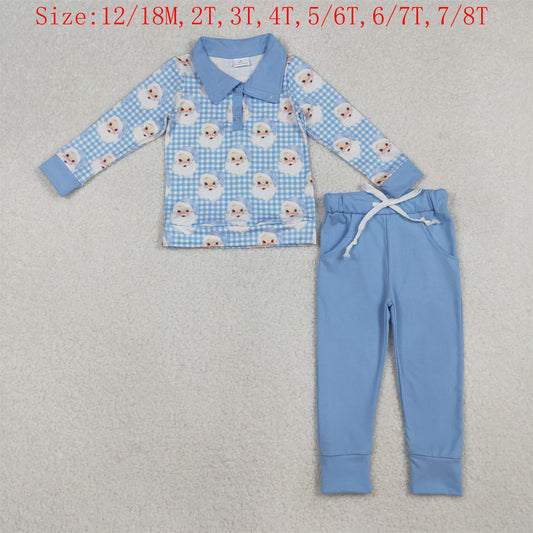 BLP1295 Santa Plaid Polo Top Blue Pants Boys Christmas Clothes Set