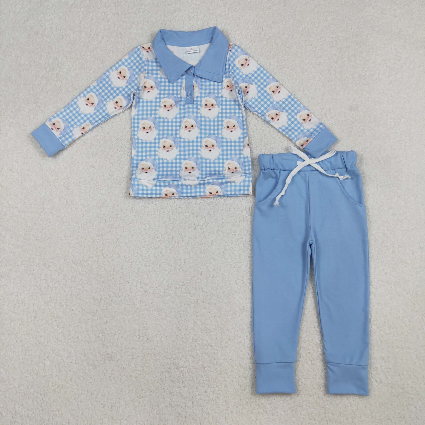 BLP1295 Santa Plaid Polo Top Blue Pants Boys Christmas Clothes Set