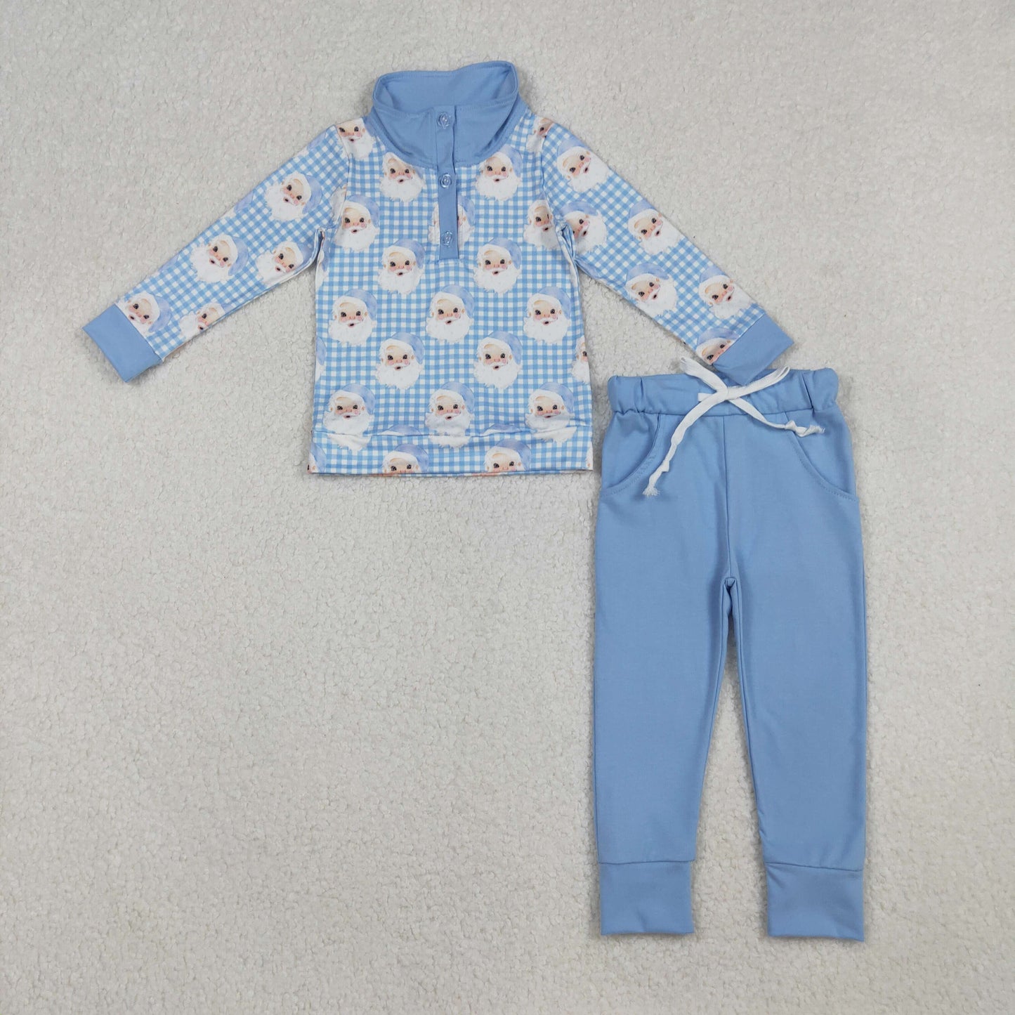 BLP1295 Santa Plaid Polo Top Blue Pants Boys Christmas Clothes Set