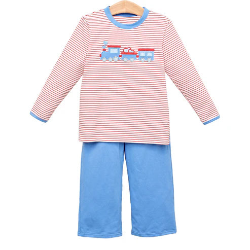 (Pre-order)BLP1301 Train Heart Stripes Top Blue Pants Boys Valentine's Day Clothes Set