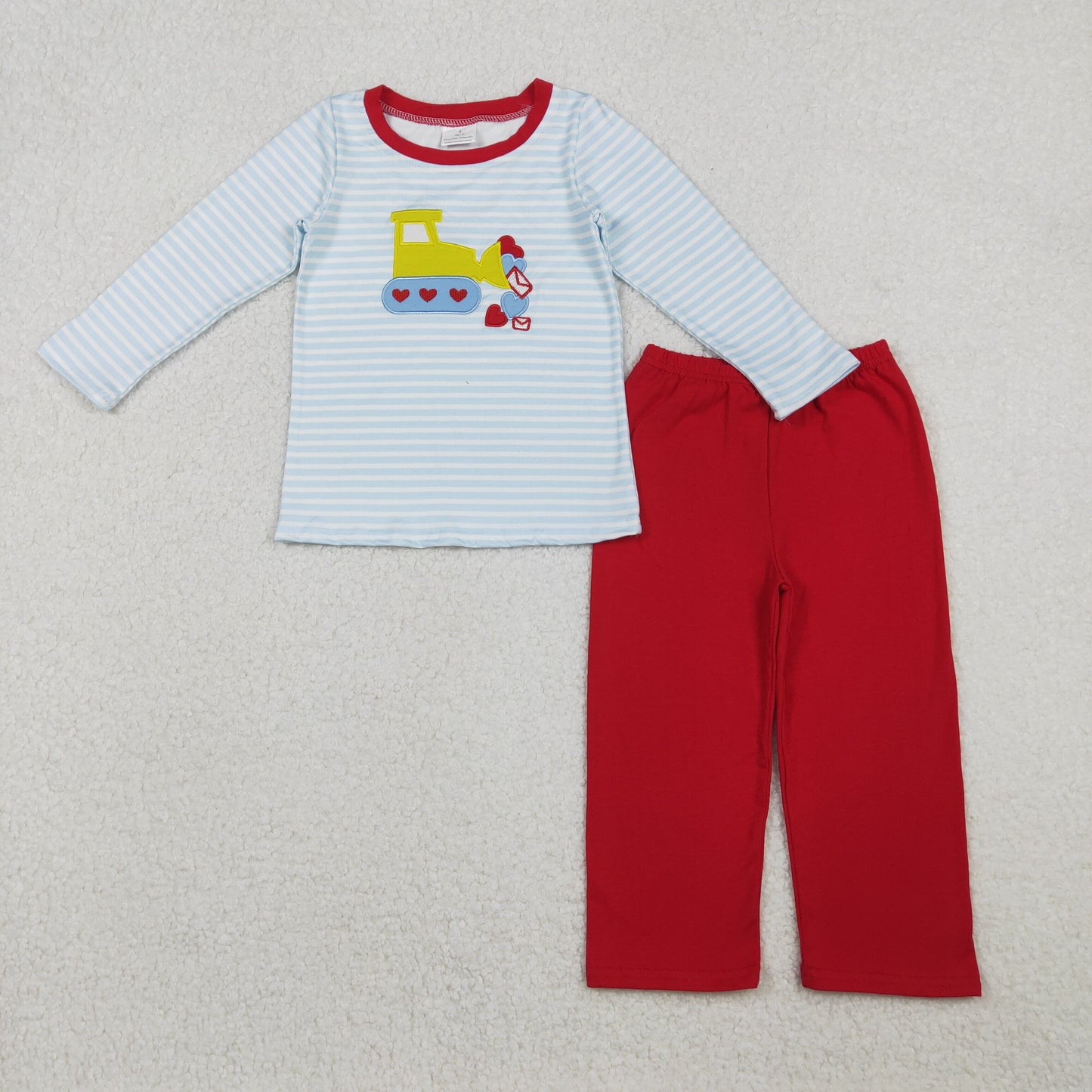 BLP1302 Heart Trucks Embroidery Stripes Top Red Pants Boys Valentine's Day Clothes Set