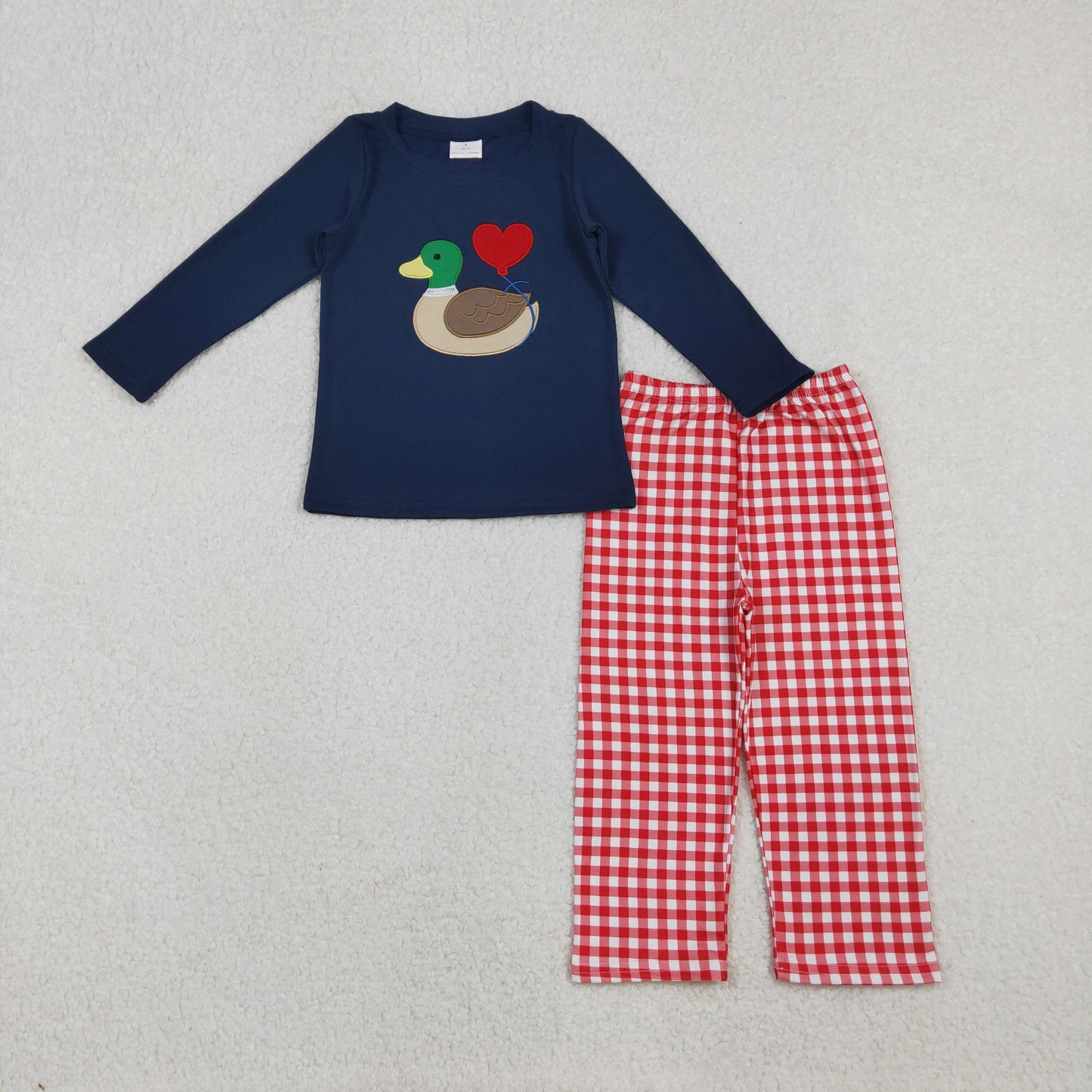 BLP1304 Duck Heart Embroidery Navy Top Red Plaid Pants Boys Valentine's Day Clothes Set