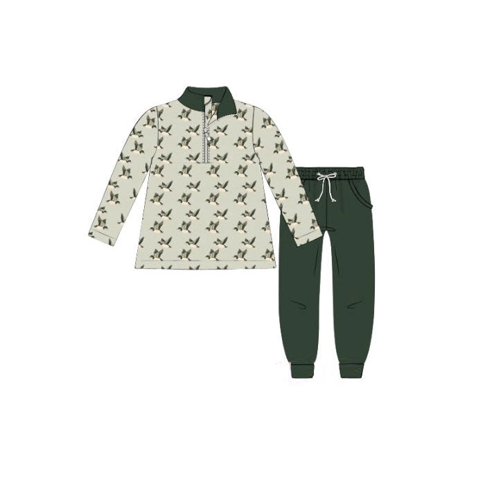 (Pre-order)BLP1309 Duck Zipper Top Green Pockets Pants Boys Fall Clothes Set