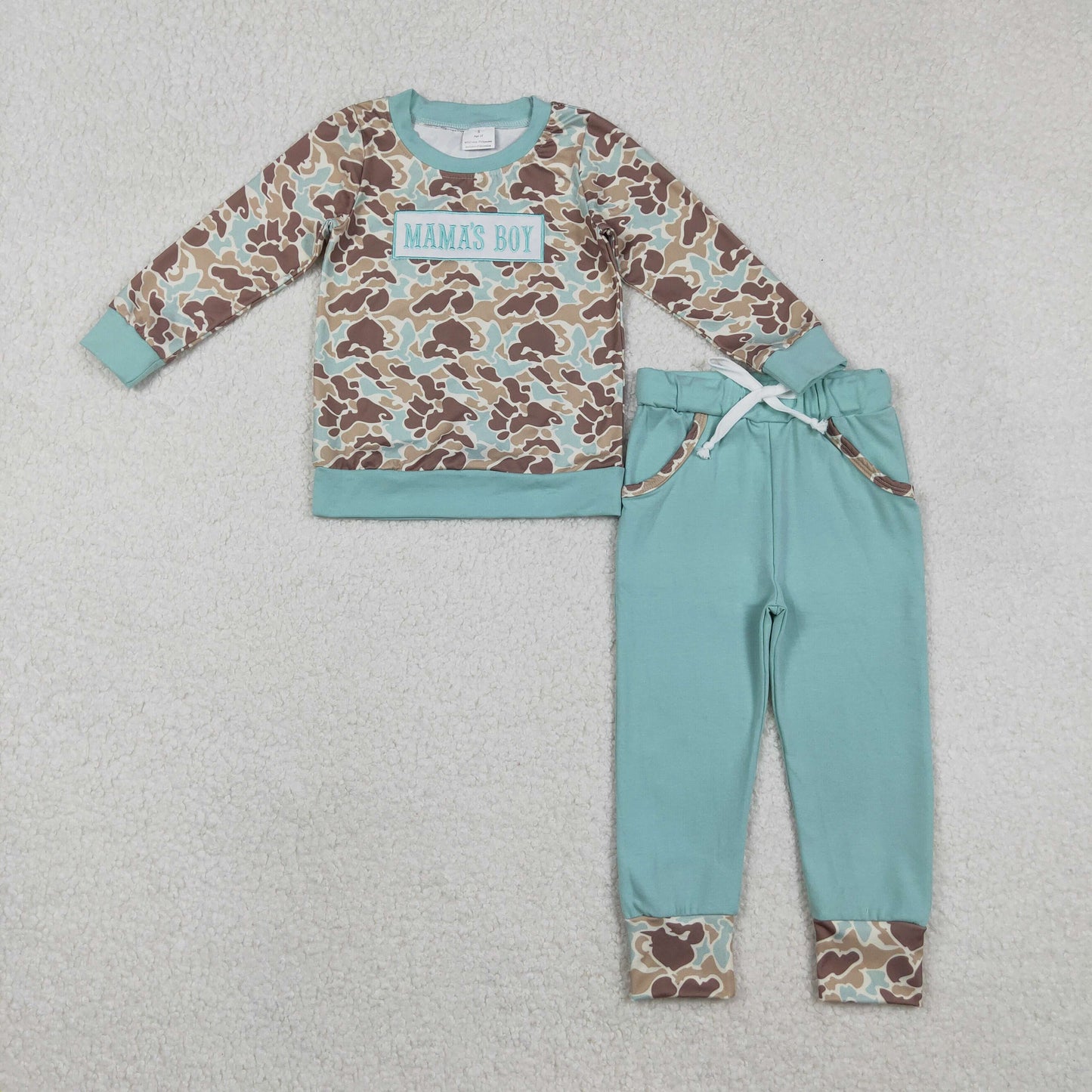 BLP1336 MAMA'S BOY Embroidery Brown Blue Camo Top Pockets Pants Boys Clothes Set