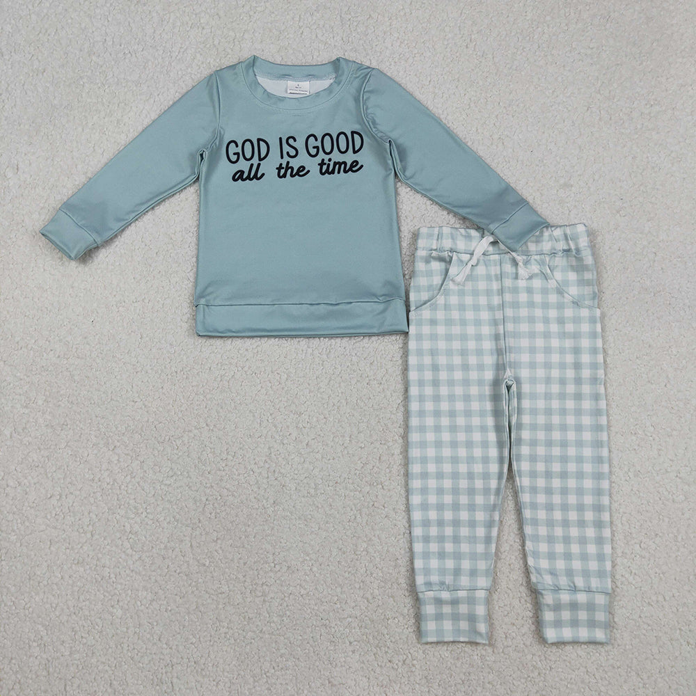 BLP1345 GOD IS GOOD all the time Top Plaid Pockets Pants Boys Clothes Set