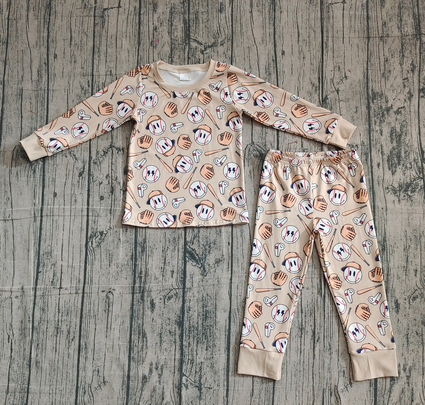 (Pre-order)BLP1346 Baseball Smiling Face Print Boys Fall Pajamas Clothes Set