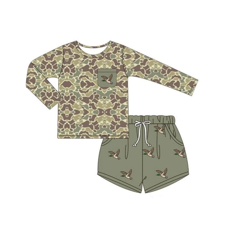 (Pre-order)BLS0002 Camo Pocket Long Sleeve Top Duck Shorts Boys Hunting Clothes Set
