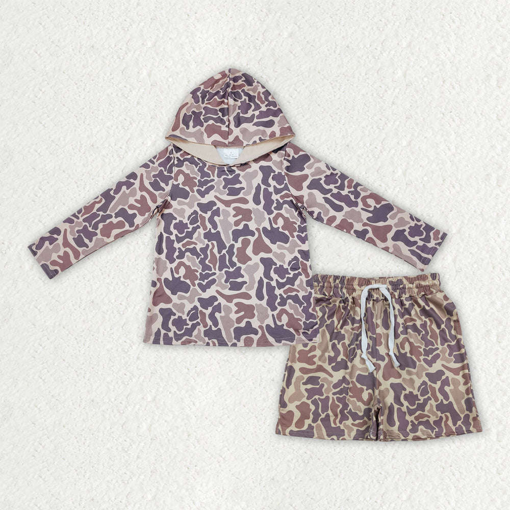 BLS0033 Brown Camo Hoodie Top Pockets Shorts Boys Clothes Set