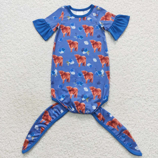 NB0019 Blue highland cow flowers western baby girls gown newborn clothes