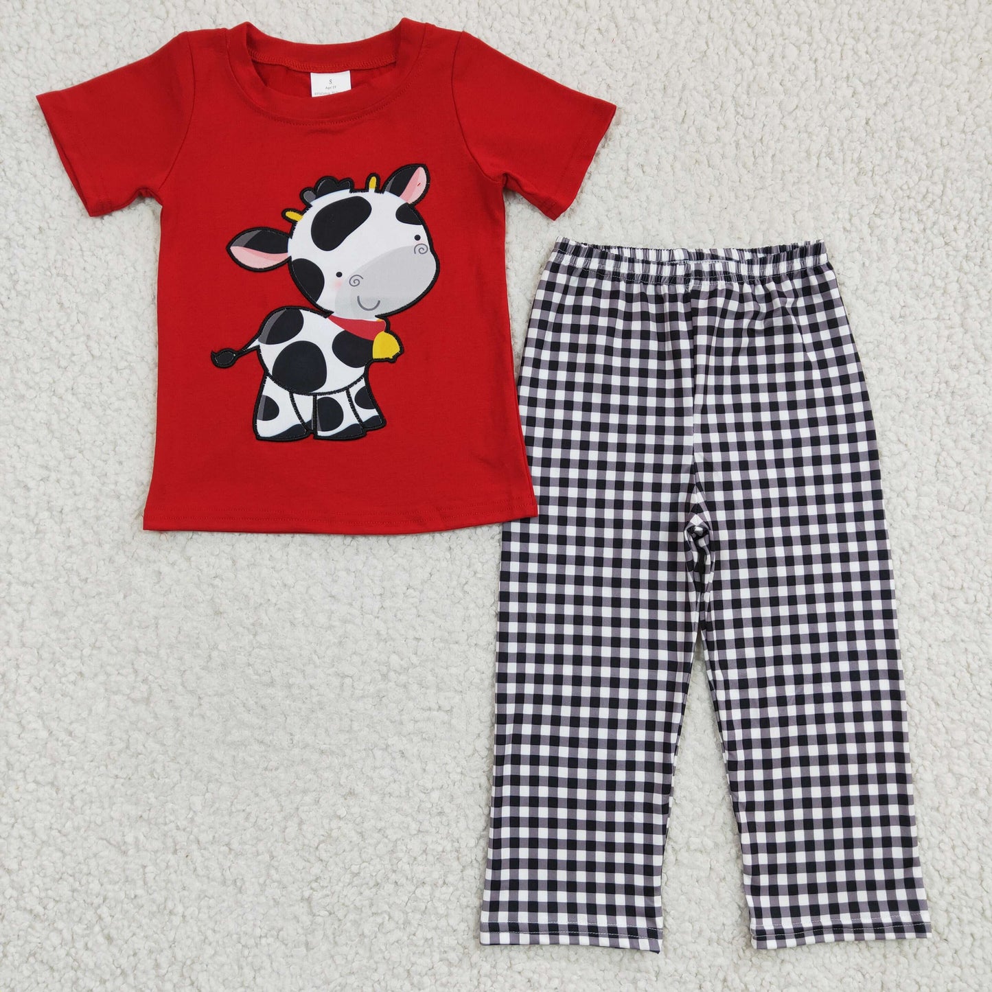 (Promotion)Cow Embroidery Red Top Plaid Pants Sibling Matching Clothes Set