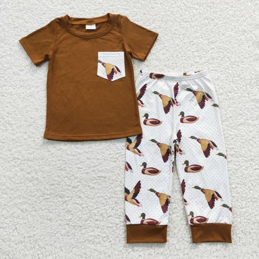 (Promotion)BSPO0102 Boys brown cotton top duck print pants outfits