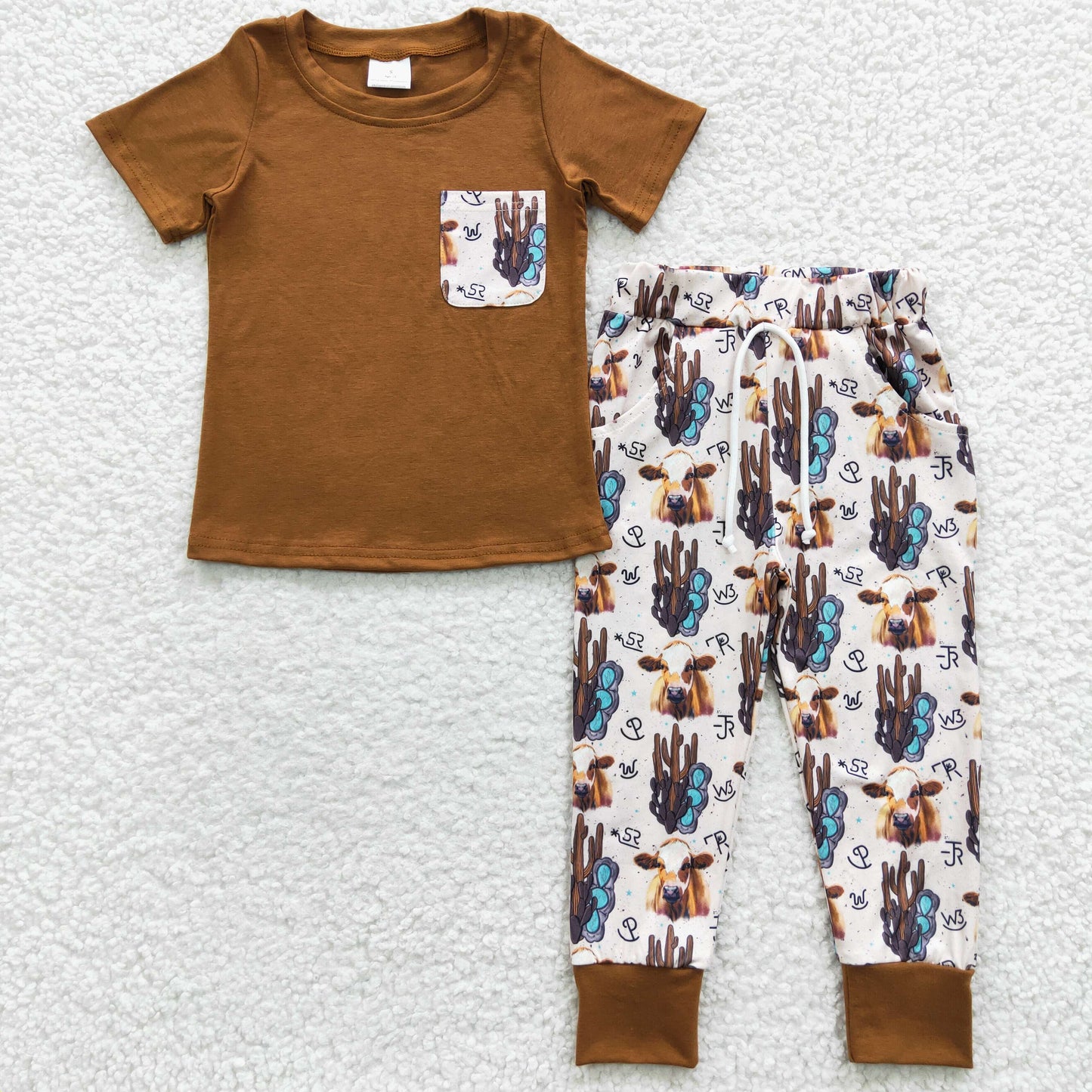 (Promotion)BSPO0107 Boys brown top highland cow print pants western clothes set