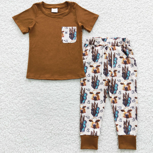 (Promotion)BSPO0107 Boys brown top highland cow print pants western clothes set