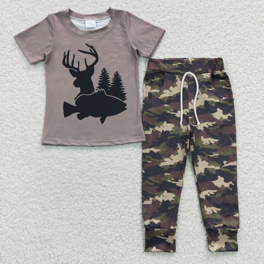 (Promotion)BSPO0108 Boys short sleeve go hunting camo pants kids clothes set