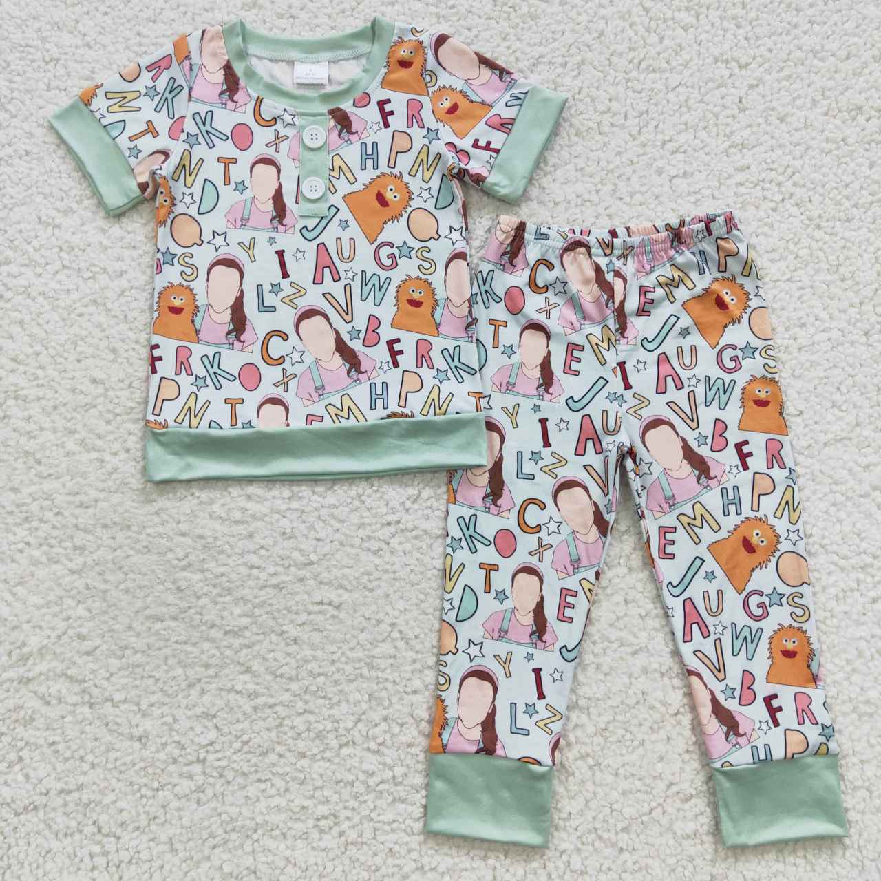 BSPO0110 Green cartoon teacher print boys pajamas