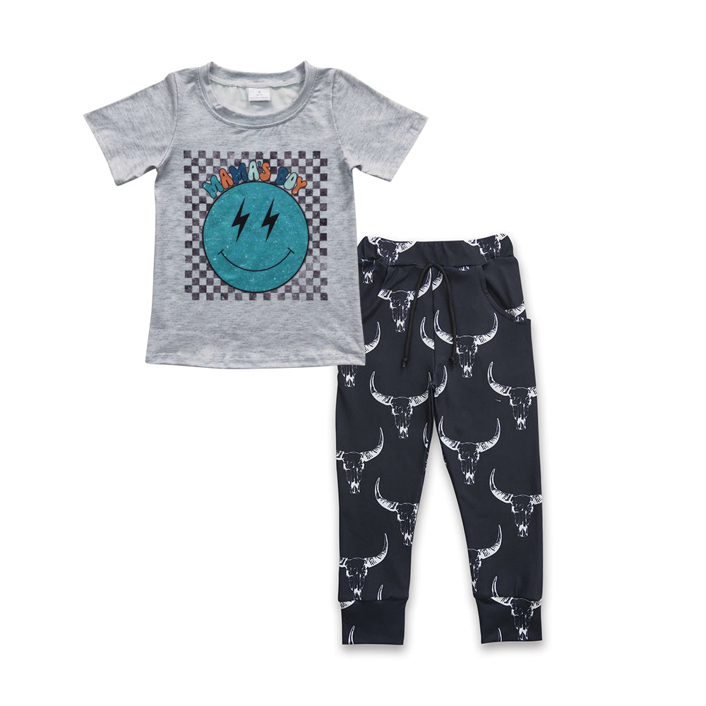BSPO0114 Mama's boy gingham smiling top black cow skull pants boys outfits