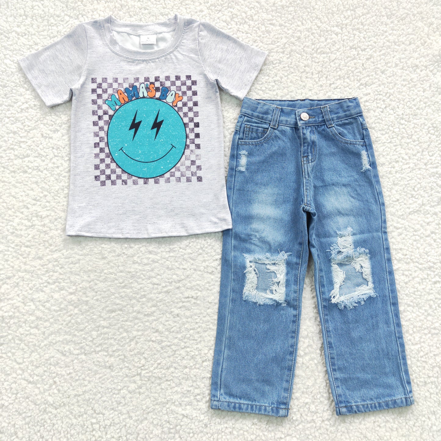 BSPO0117 Mama's boy gingham blue smiling top hole denim pants boys clothes set