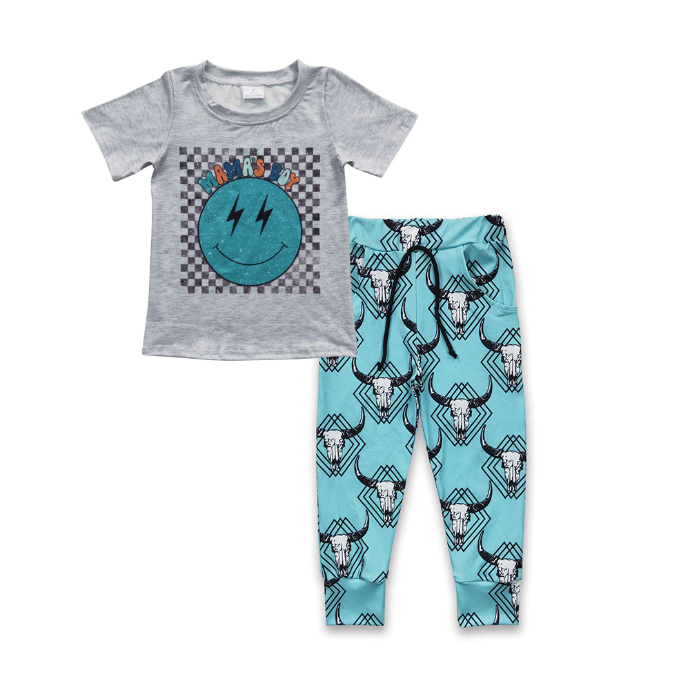 BSPO0116 Mama's boy gingham smiling top blue cow skull pants boys outfits