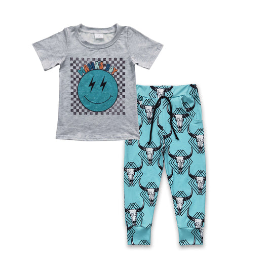 BSPO0116 Mama's boy gingham smiling top blue cow skull pants boys outfits