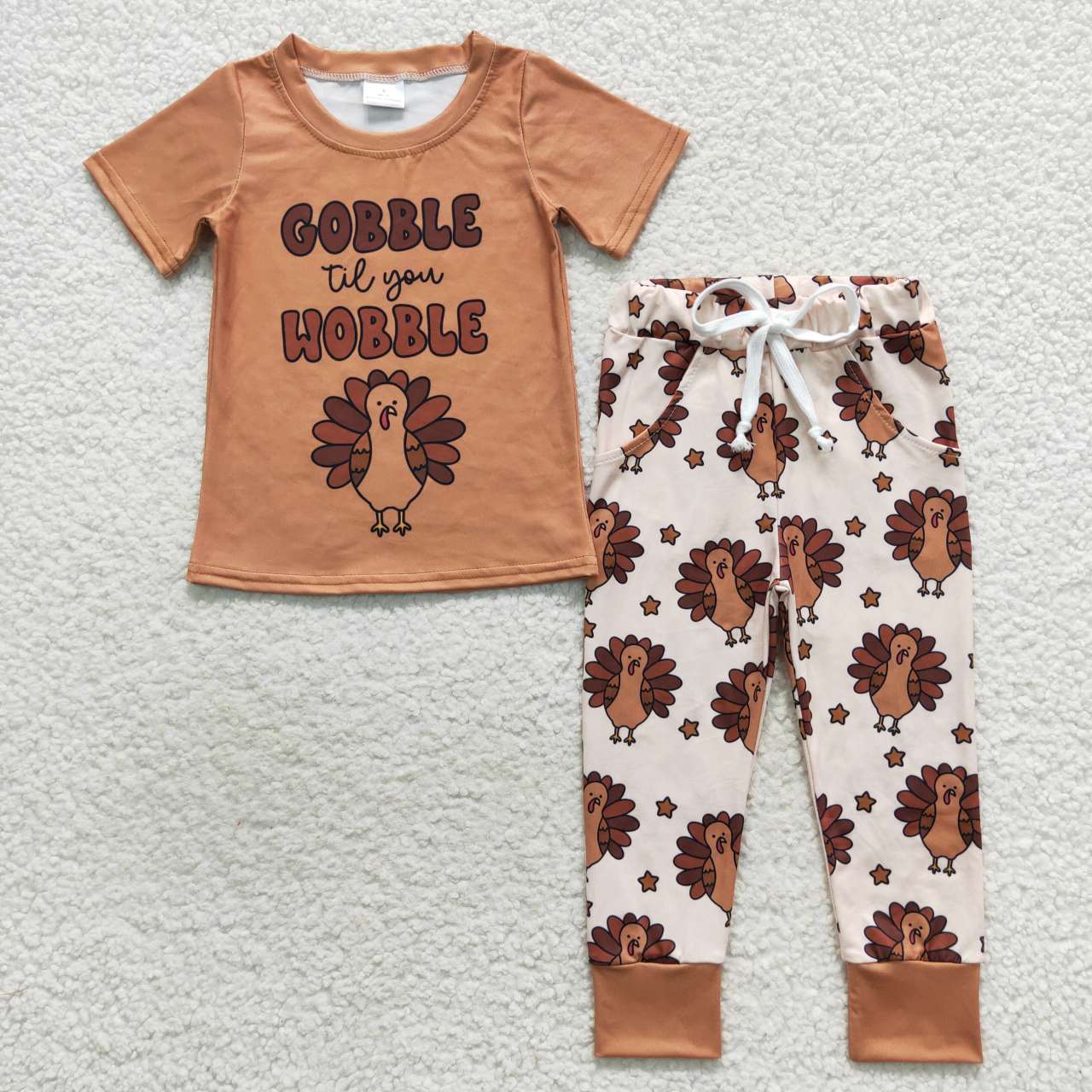 BSPO0119 Gobble til you wobble brown turkey print boys Thanksgiving clothes set