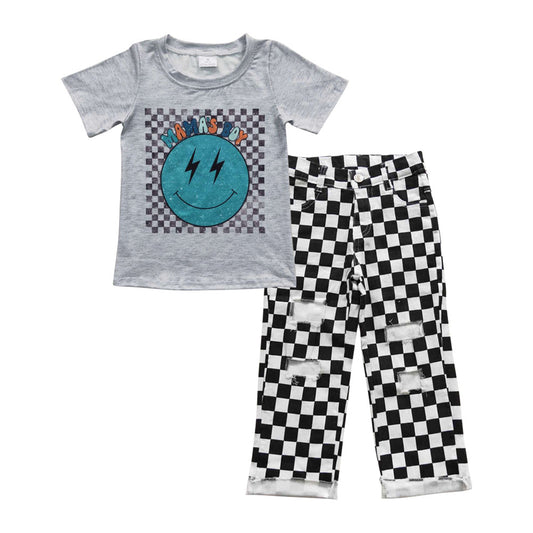 BSPO0123 Mama's boy gingham smiling top black plaid denim hole jeans boys clothes set
