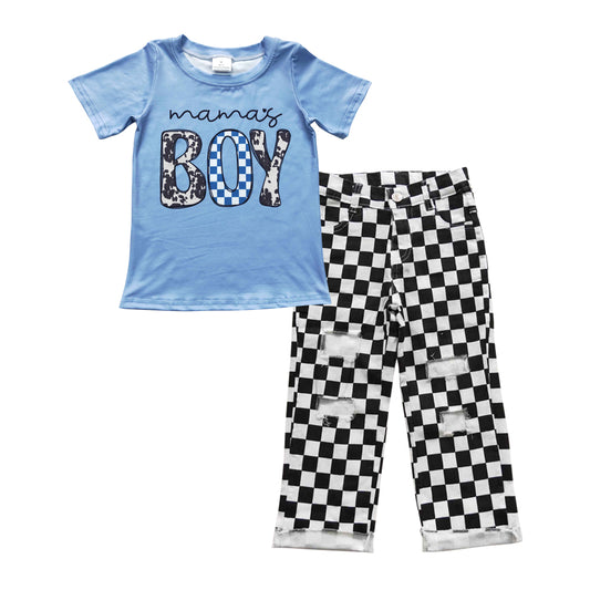 BSPO0124 MAMA'S BOY blue top black plaid denim hole jeans boys clothes set