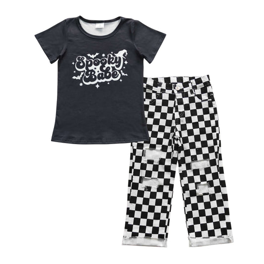 BSPO0125 Spooky babe black top black plaid denim hole jeans boys Halloween clothes set