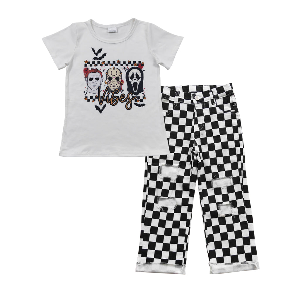 BSPO0126 Kids Vibes plaid print top black plaid denim hole jeans boys Halloween clothes set