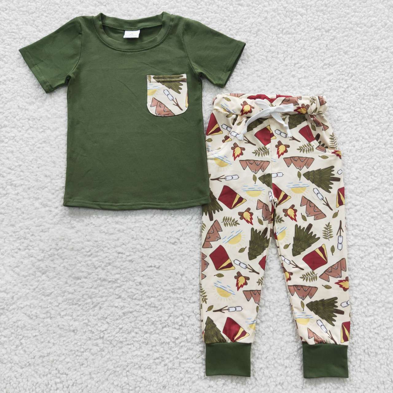 (Promotion)BSPO0127 Boys green pocket top camping design pants clothes set