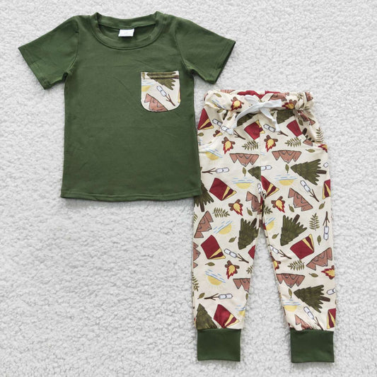 (Promotion)BSPO0127 Boys green pocket top camping design pants clothes set