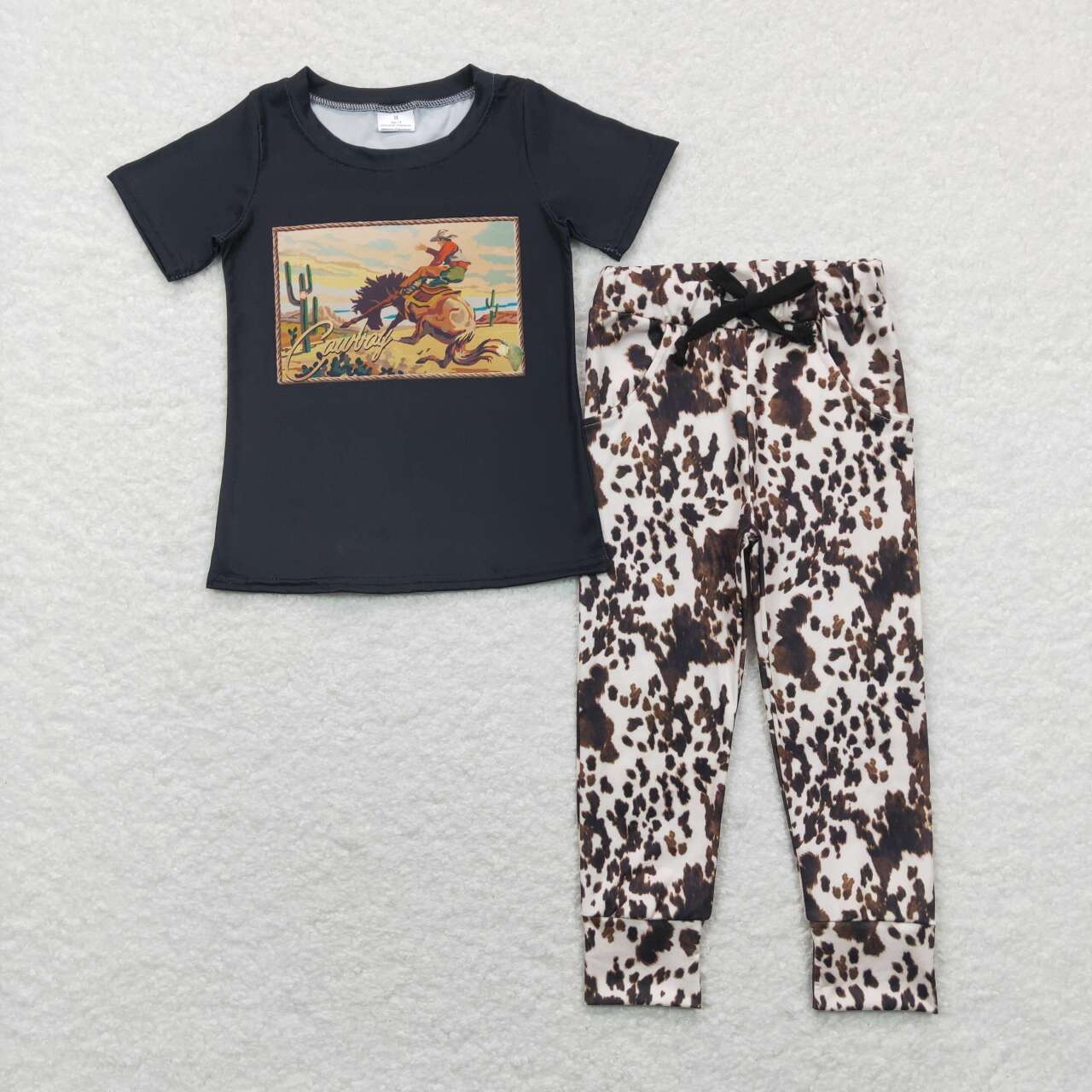 BSPO0149 Cowboy Western Top Brown Cow Print Pants Boys Clothes Set