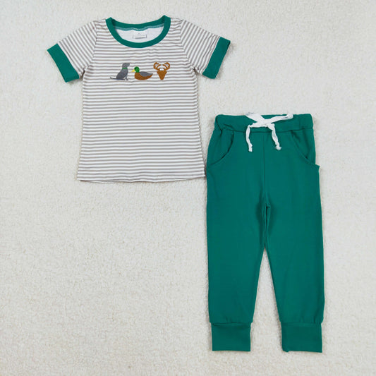 BSPO0154 Dog Duck Deer Embroidery Stripes Top Green Pants Boys Clothes Set