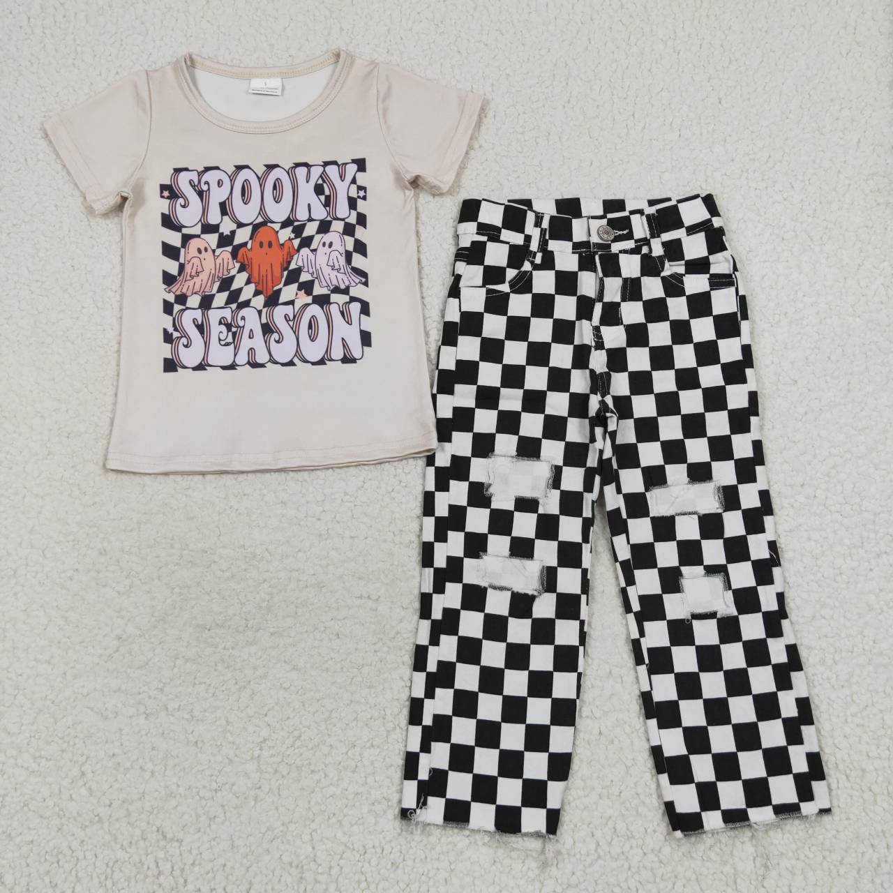 BSPO0156 Spooky season ghost top black plaid denim hole jeans boys Halloween clothes set