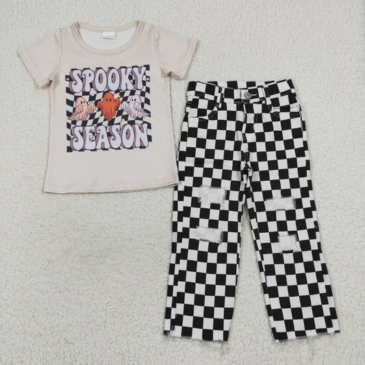 BSPO0156 Spooky season ghost top black plaid denim hole jeans boys Halloween clothes set