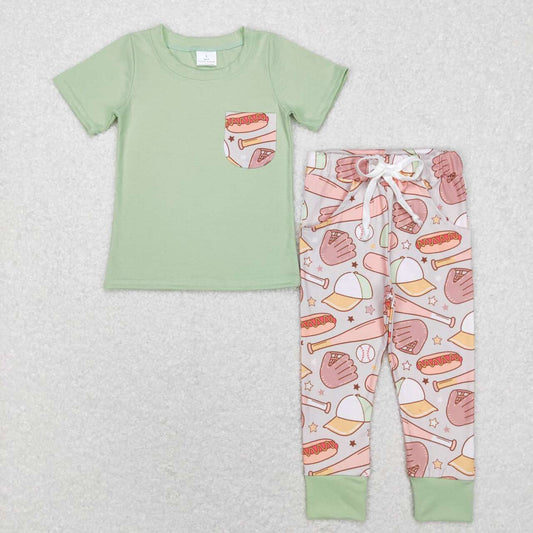 BSPO0166 Green Pocket Top Baseball Pants Boys Clothes Set