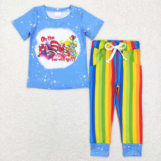BSPO0176 Blue Dr. Reading Print Stripes Pants Boys Clothes Set