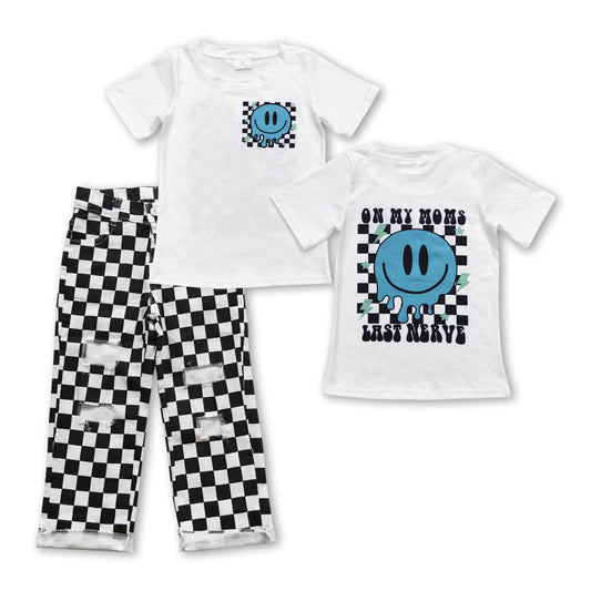 BSPO0191 On My Mom's Last Nerve Top Black Denim Plaid Hole Jeans Boys Clothes Set