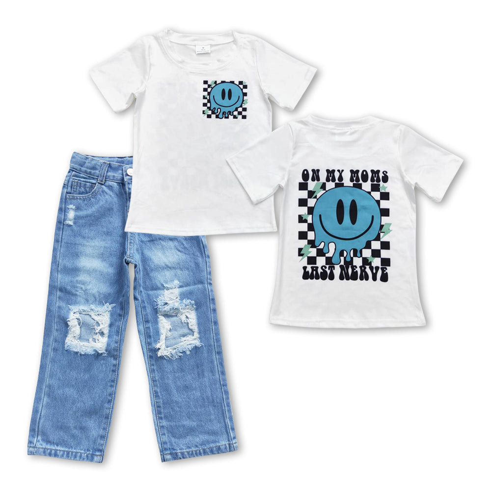BSPO0192 On My Mom's Last Nerve Top Blue Denim Hole Jeans Boys Clothes Set