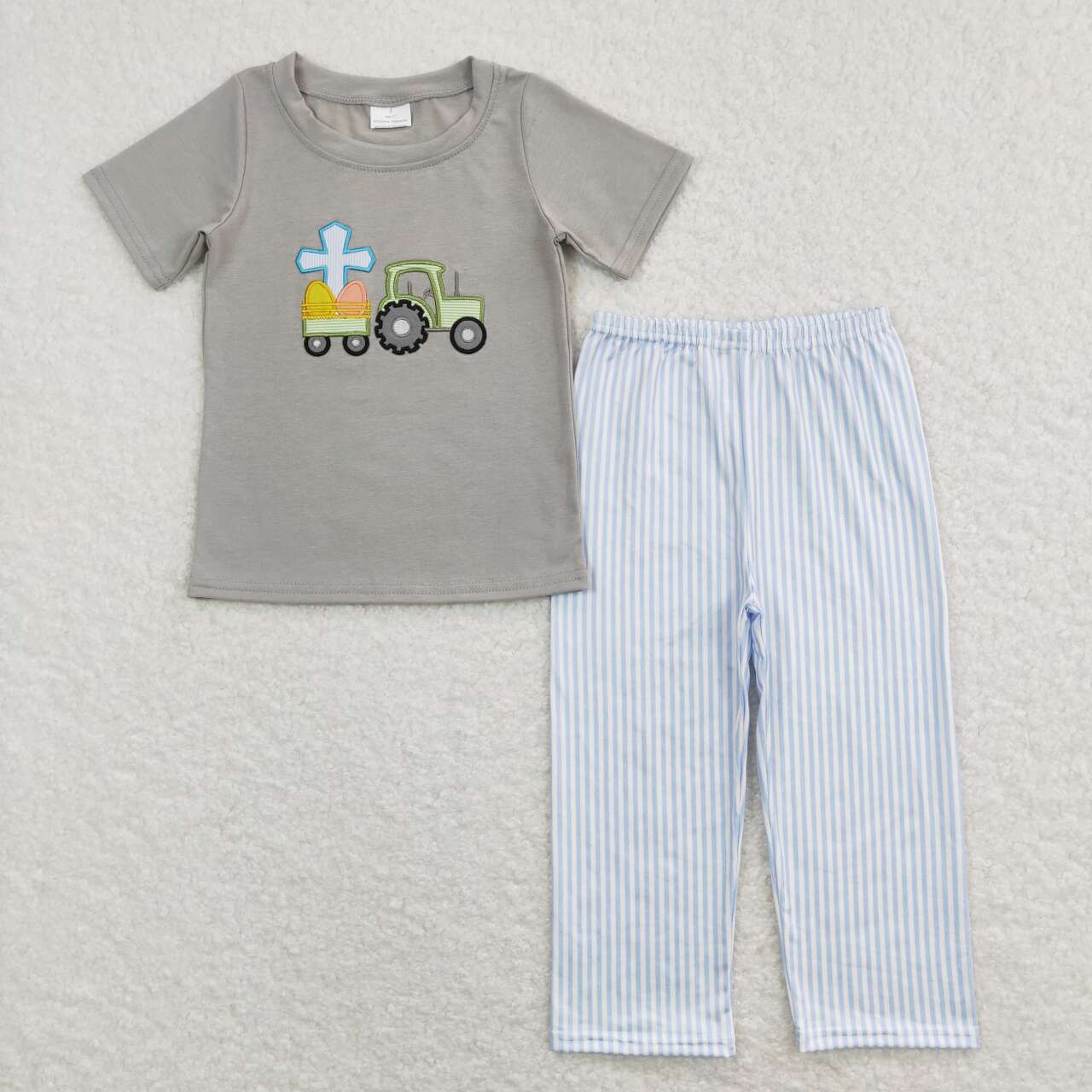 BSPO0194 Cross Egg Truck Grey Top Blue Stripes Pants Boys Easter Clothes Set