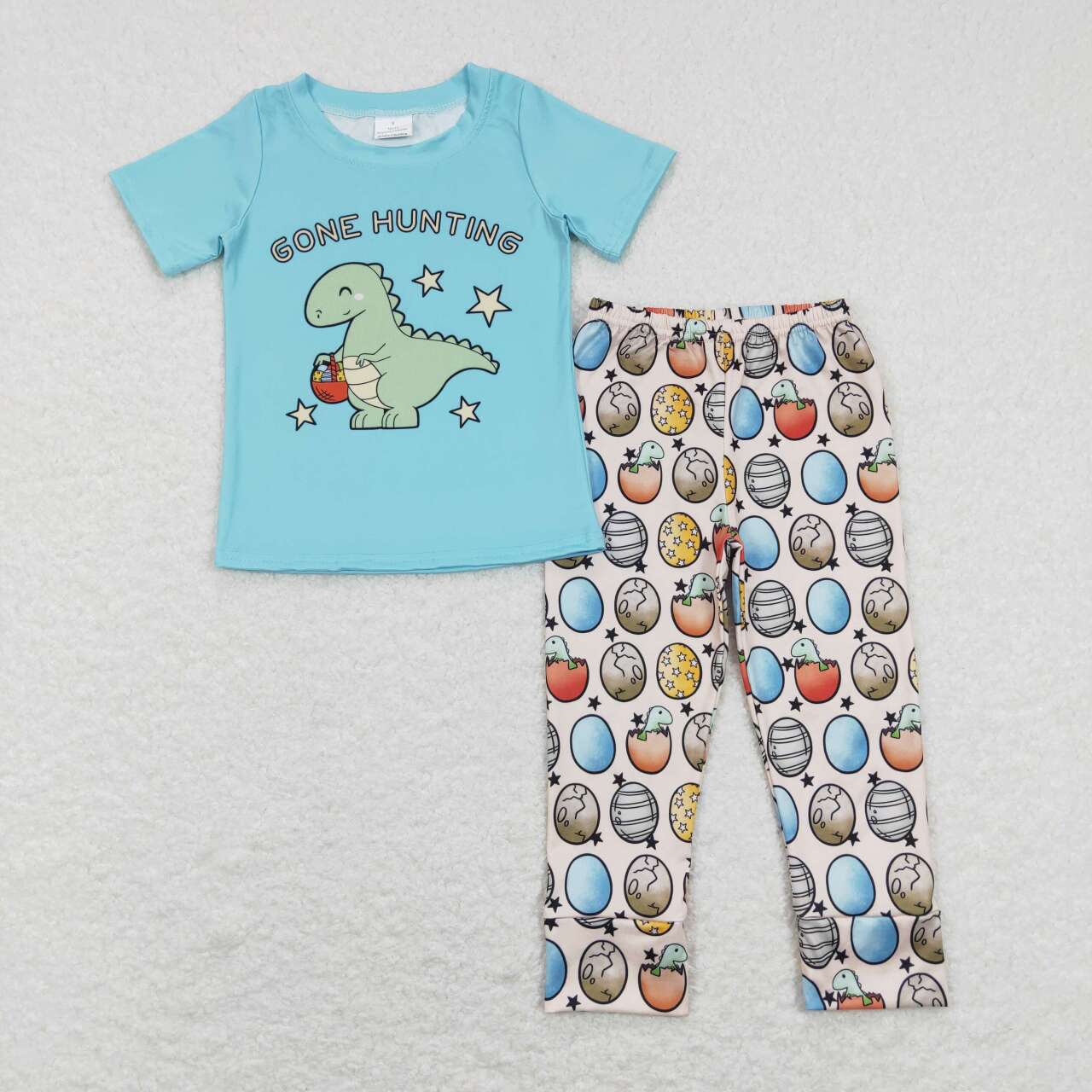 BSPO0202 Gone Hunting Dinosaur Eggs Print Kids Easter Clothes Set