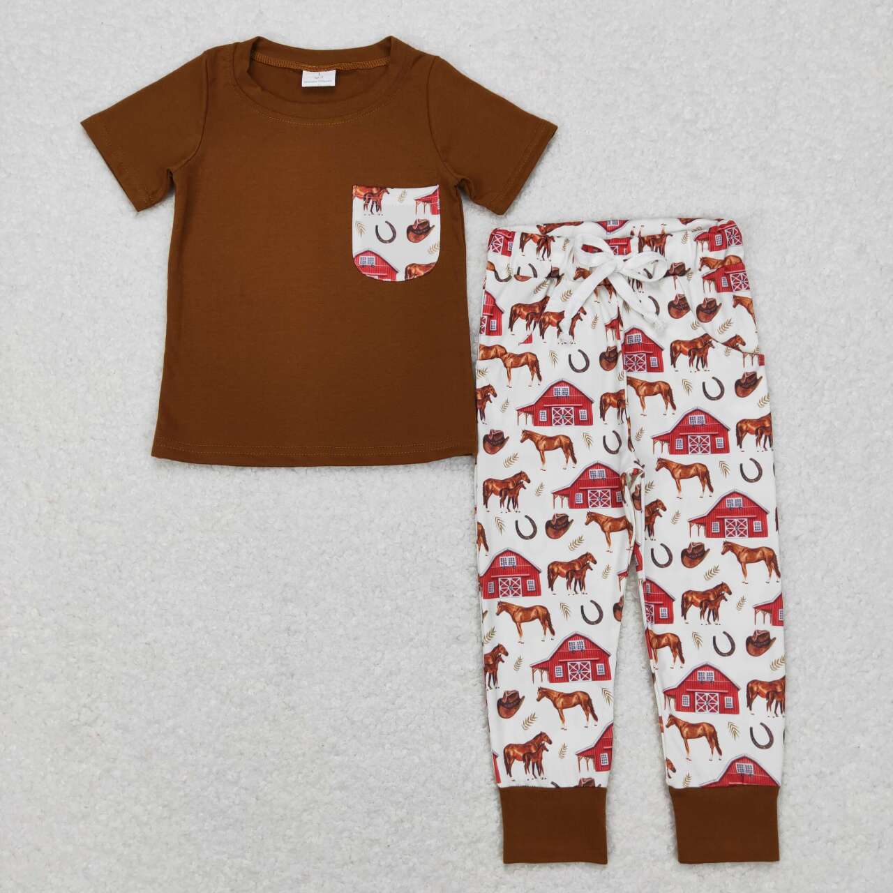 BSPO0207 Brown Pocket Top Horse Farm Print Pants Boys Western Clothes Set