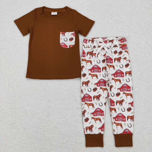 BSPO0207 Brown Pocket Top Horse Farm Print Pants Boys Western Clothes Set