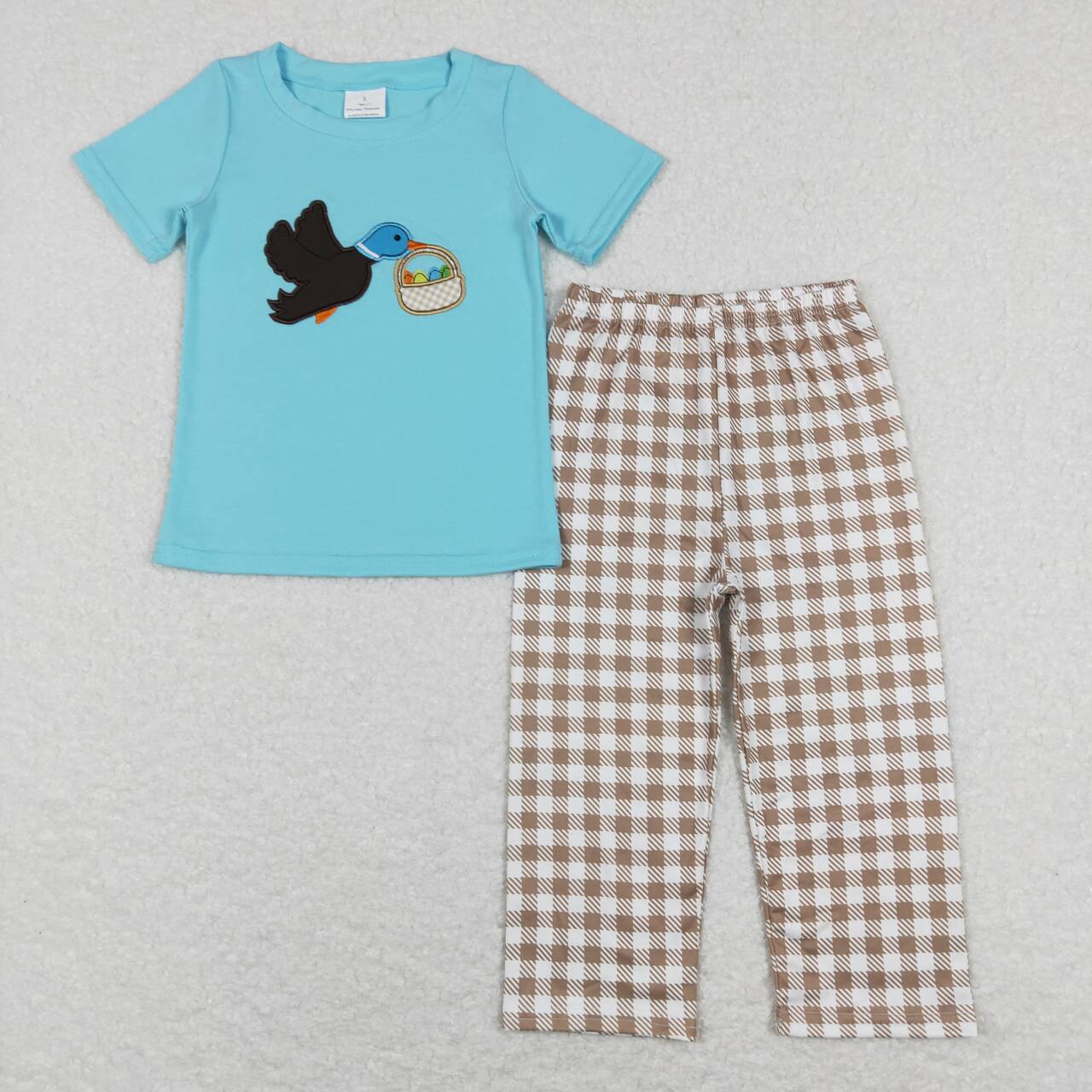 Duck Egg Embroidery Blue Top Plaid Pants Kids Ester Clothes Set Sibling Wear