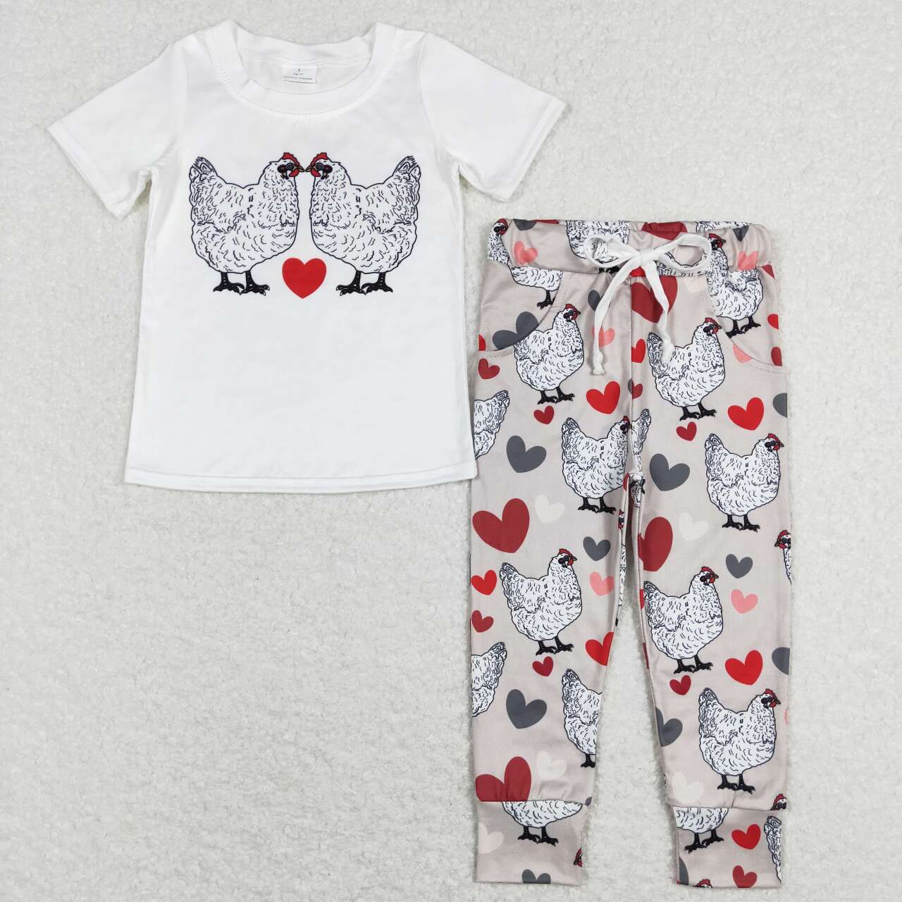 BSPO0221 Heart Chicken Print Kids Valentine's Clothes Set