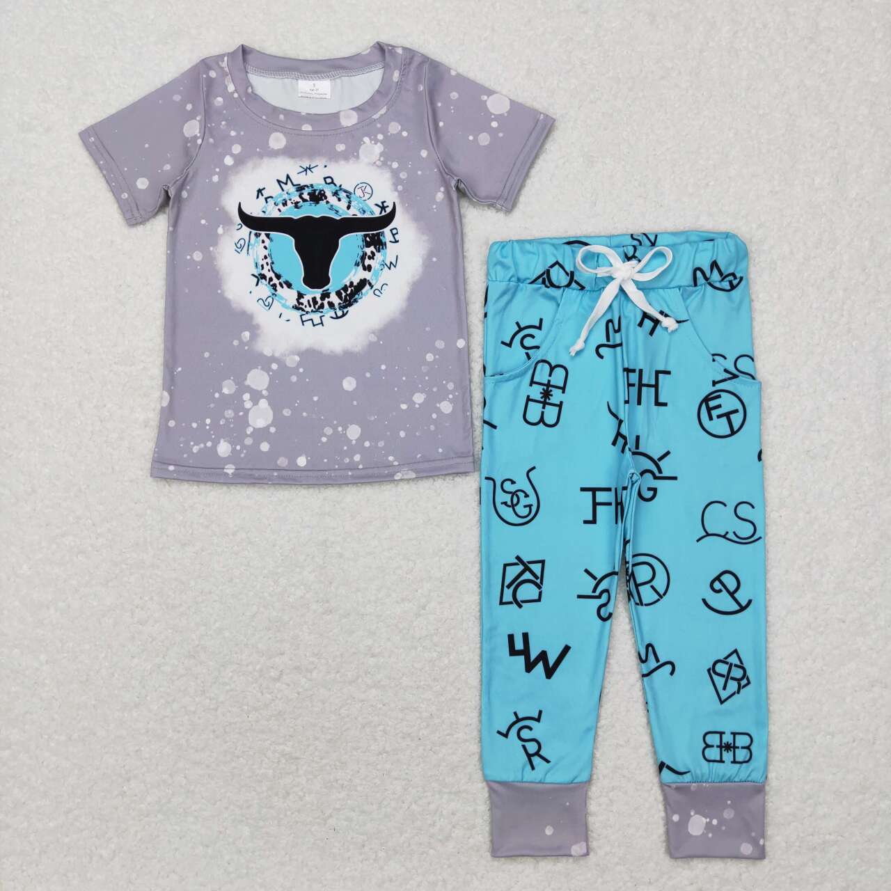 BSPO0224 Blue Cow Western Print Boys Clothes Set